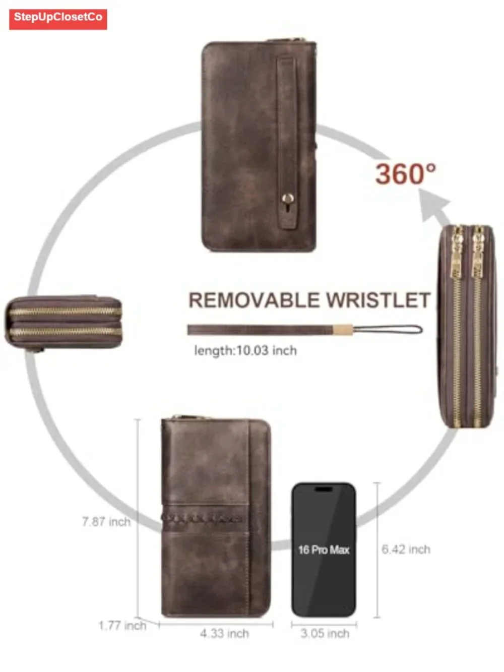 RFID Wristlet Wallet for Women Vegan Leather Double Zipper Large Capacity Clutch